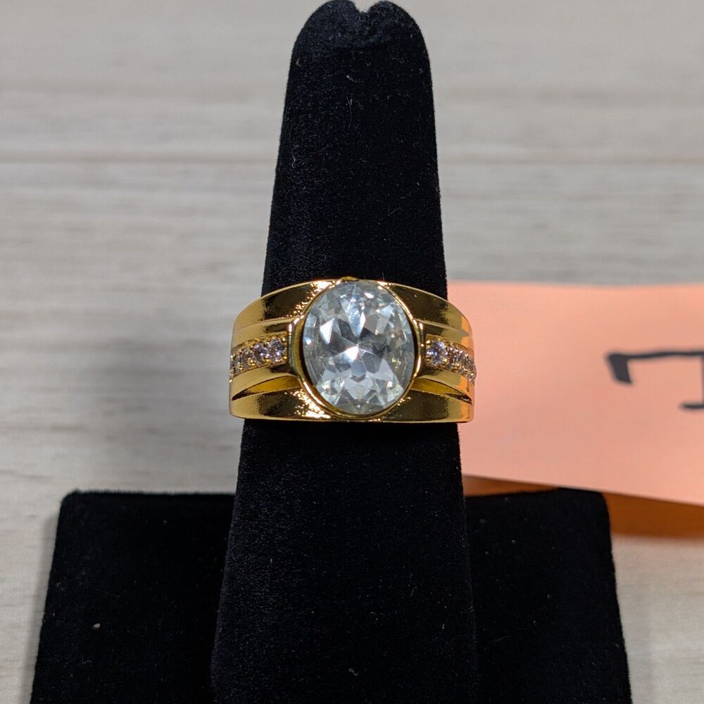 Gold Tone Ring Size 7 Oval Clear Stone CZ Style Statement Ring